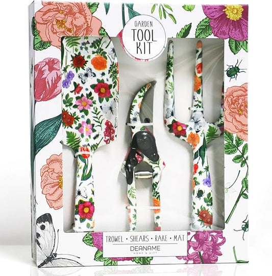 Garden Tool Set, 4 PCS Heavy Gardening Kit Heavy Duty Floral Hand Tools, Fancy Gifts for Women, Including Trowel, Sharp Pruner, Hand Rake, and Mat (White Set)