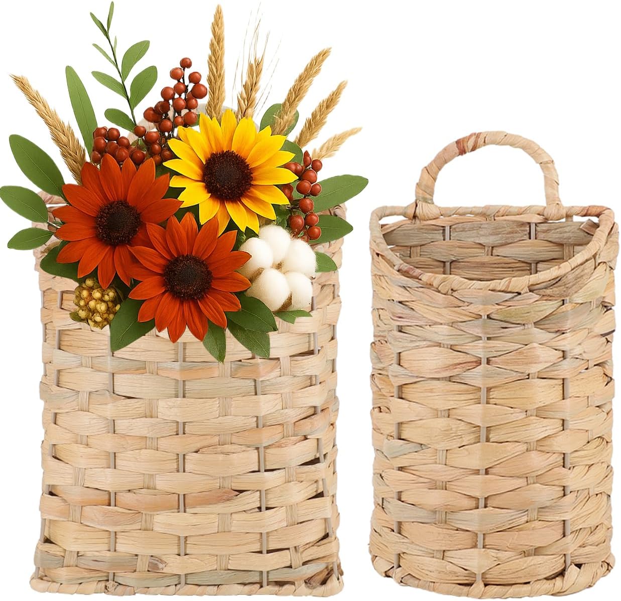 AceList Woven Hanging Basket for Front Door Set of 2, Handmade Water Hyacinth Hanging Wall Basket, Natural Wicker Storage Bins with Handles, Decorative Boho Organizer for Home Farmhouse Decor