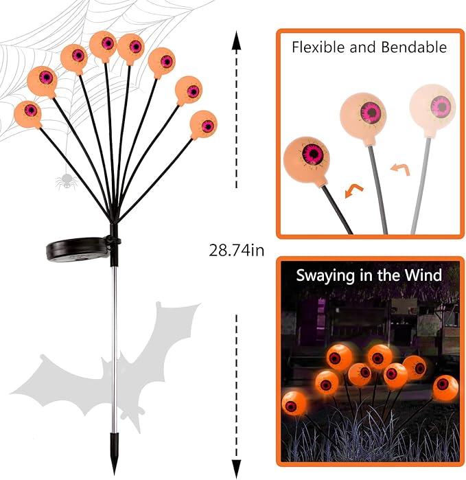 Halloween Decorations Outdoor Path Lights - 4 Packs 32LEDs Solar Halloween Eyebal Pathway Lights Swaying by Wind,Waterproof Solar Halloween Stake Lights for Garden Yard Porch Patio Pathway (Orange)