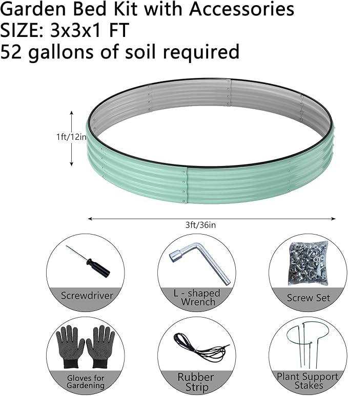 Galvanized Metal Planter Round Raised Garden Bed Kit for Gardening Outdoor，3x3x1ft Grow Garden Box Raised Flower Bed，Round Galvanized Planter Outdoor Large Metal Fire Pit Ring Green