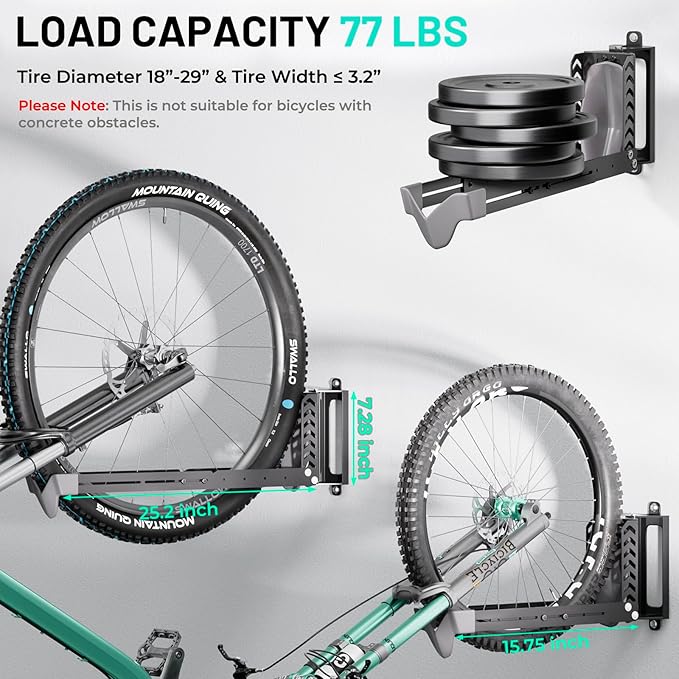 2-Pack Swivel Bike Rack Wall Mount, Bike Hangers for Garage, Space-Saving Vertical Bike Holder, Holds up to 77 lbs, Bicycle Wall Hanger Storage, No Heavy Lifting Required Indoor Hanging Bike Rack