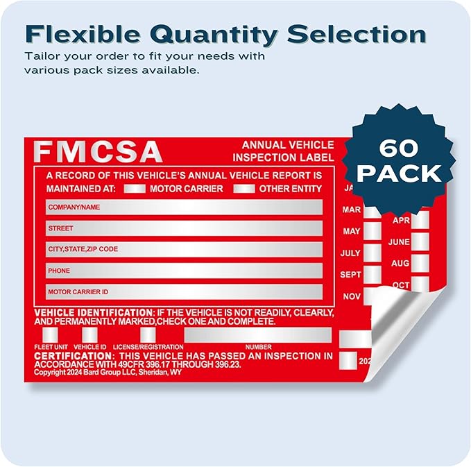 40-Pack DOT Compliant Aluminum Annual Vehicle Inspection Label – Red FMCSA Label with Punch Boxes