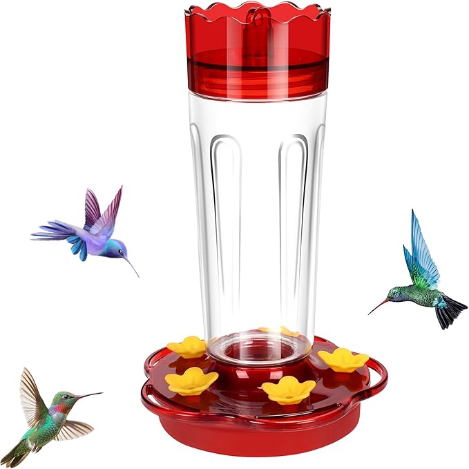 Glass Hummingbird Feeders for Outdoors Hanging Ant and Bee Proof, 1 Pack 15 Ounces Red Hummingbird Feeder with 5 Feeding Ports and Perches, Built-in Ant Moat, Outside Garden Décor (Glass, 1)