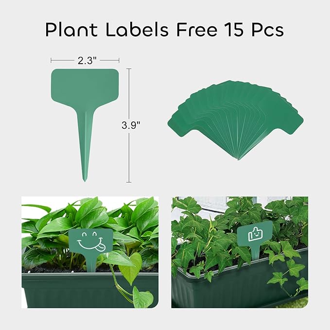 GROWNEER 6 Packs 17 Inches Green Flower Window Box Plastic Vegetable Planters Long Pots with 15 Pcs Plant Labels for Outdoor Indoor Windowsill Patio Garden Home Decor Porch