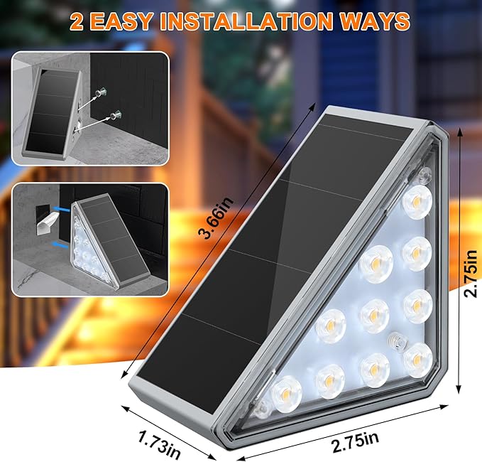 12 Pack Solar Stair Lights Outdoor Stair Lights with Waterproof IP67 LED Solar Light for Outside Light Decor for Stair, Deck, Front Step, Front Porch, Patio, Garden and Backyard