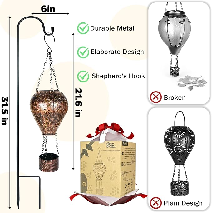 2-Pack Bee Decor Hot Air Balloon Solar Lantern – Outside Decorative Hanging Light for Garden Yard Patio Porch Lawn and Pathway – Unique Housewarming, Birthday Gift for Women Mom Grandma
