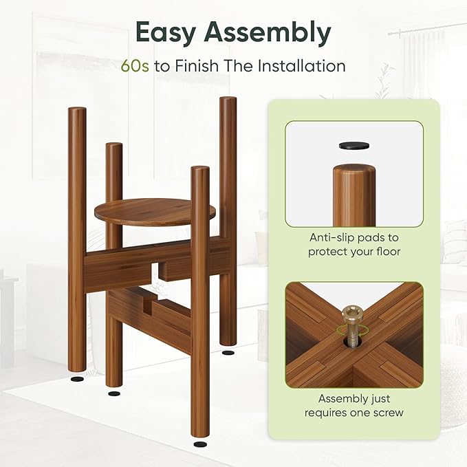 Adjustable Plant Stand, Bamboo Plant Stand Indoor with Tray, Wood Plant Stand for 8 to 12 inches Flower Pots, Single Mid Century Modern Plant Stand for Indoor Plants, Walnut