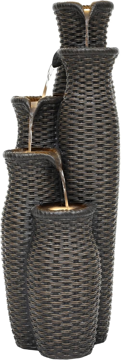 5-Tier Faux Rattan Vase Water Fountain Outdoor with LED Lights, Polyresin Cascading Waterfall Feature, Tranquil Oasis for Garden, Patio, Yard, or Porch