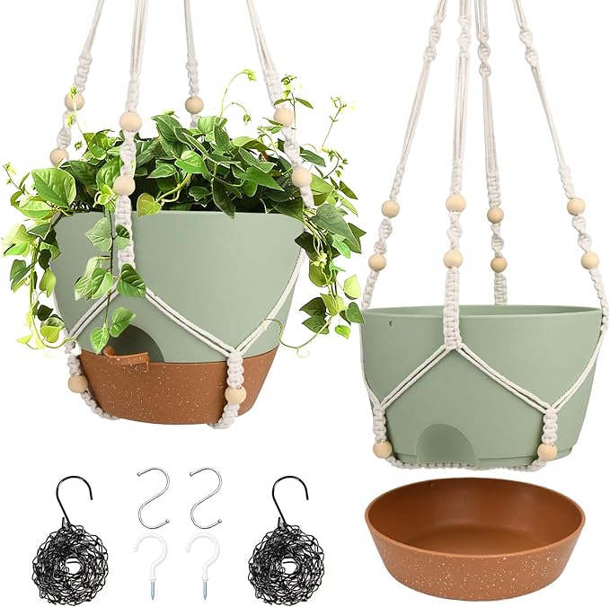 Hanging Planters for Indoor Outdoor Plants, 2 Pack Self Watering Hanging Pot with Drainage Holes, Removable Tray & 2 Kinds of Plant Hangers, 10'' Hanging Flower Pots for Home Garden Decor, Green