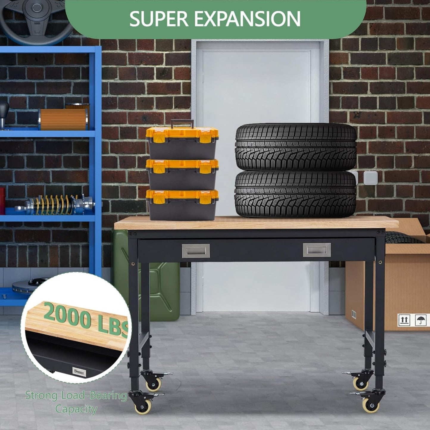 48'' Adjustable Workbench, Heavy Duty Workbench with Drawer, Power Outlet and Lockable Wheels, 2000 LBS Capacity, Work Table Suitable for Office, Garage, Workshop