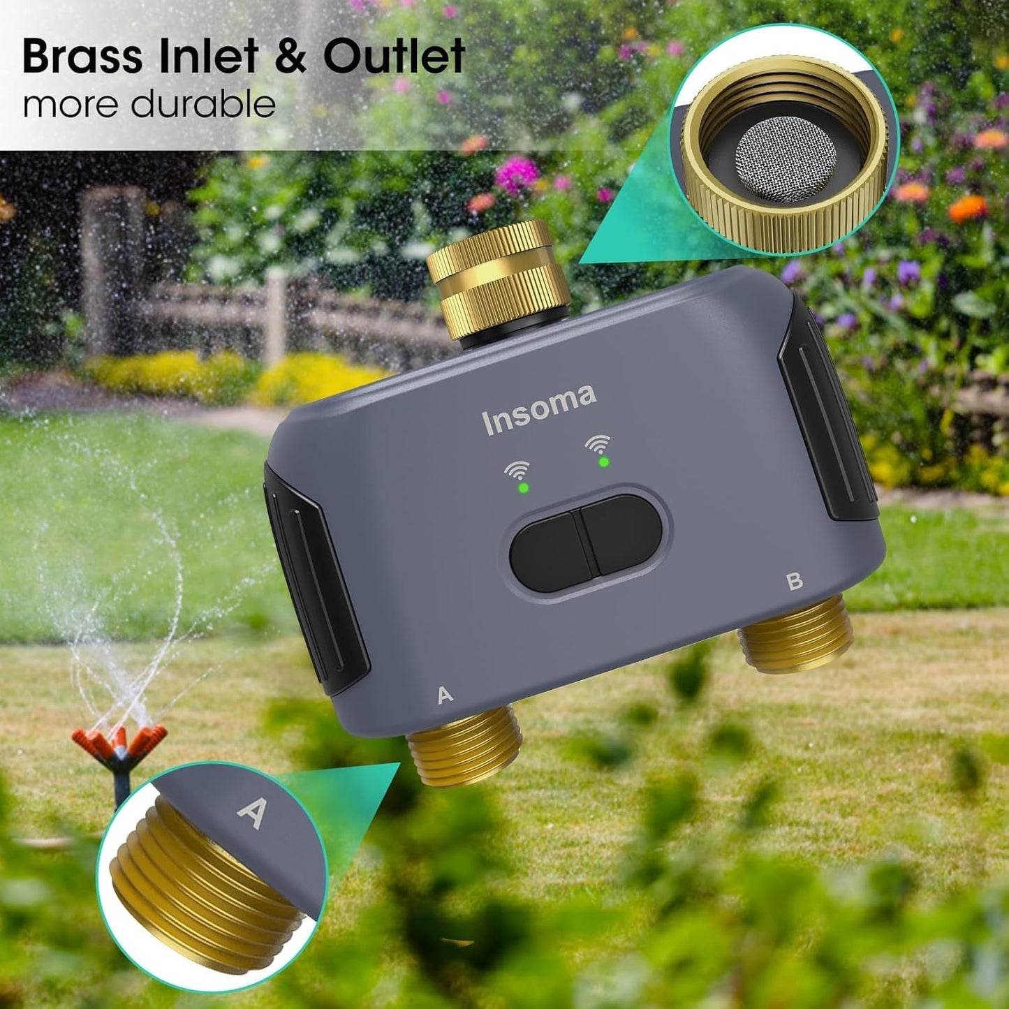 2 Zones WiFi Water Timer Brass Inlet and Outlet, Sprinkler Timer for Garden Hose, APP Remote Control WiFi Hose Timers with Gateway, Voice Control with Alexa, Rain Delay and Manual Mode for Watering