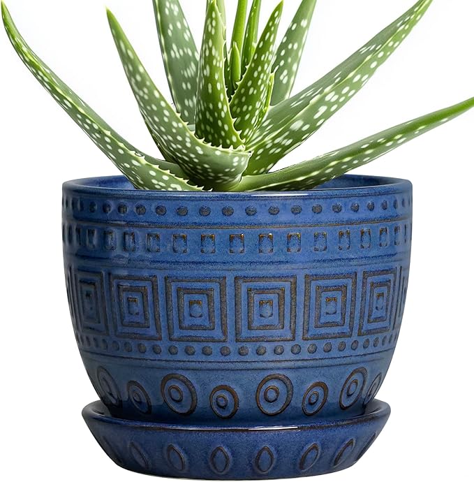 G EPGardening Plant Pots Indoor 5 Inch - Ceramic Pot for Plants with Drainage Hole and Saucer Round Planter Outdoor Modern Flower Pot Home Office Decor Blue