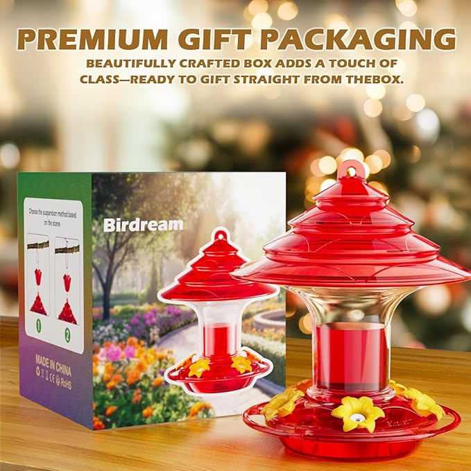Birdream Hummingbird Feeder for Outdoors Hanging 40oz 10 Feeding Ports, 2 Pack Humming Bird Feeder with Ant Moat Brush Leak Proof - Red