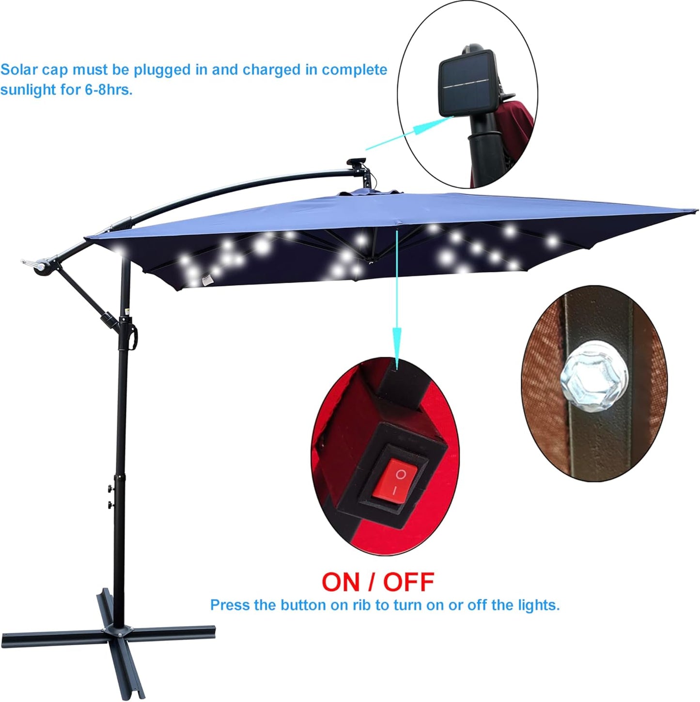 8x8FT Patio Umbrella, Outdoor Offset Umbrella with Cross Base and Crank, Square Cantilever Umbrella with Solar Lights, Hanging Market Umbrella with 8 Rids for Pool, Deck, Backyard (Navy Blue)