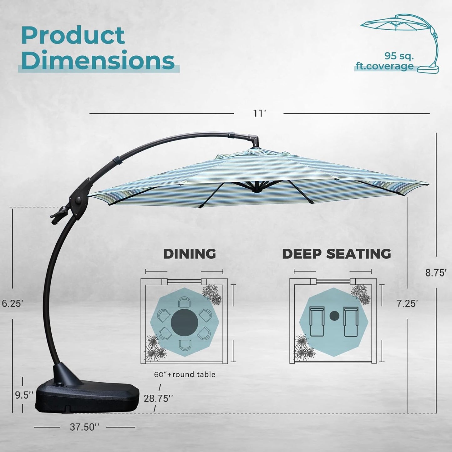 Grand patio 11 FT Cantilever Umbrella with Base Outdoor Large Round Aluminum Offset Umbrella for Pool Garden Backyard (Stripes, 11 FT)