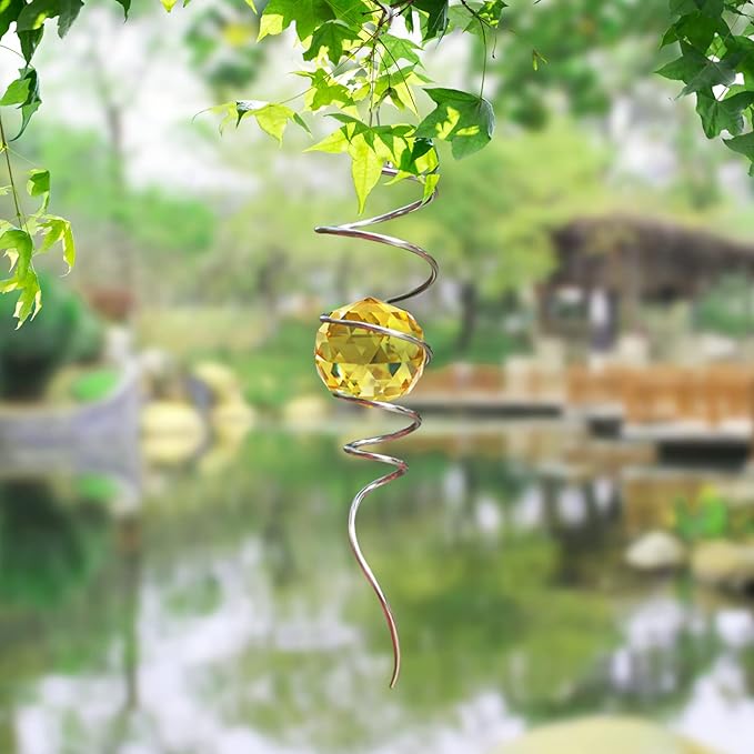 Gazing Ball Spiral Tail, Wind Spinner Stabilizer, Sun Catcher Metal Decor with Golden Crystal Glass Ball & Swivel Hook, Indoor Outdoor Decoration Garden Art Ornament Decorative Gifts 13 inch