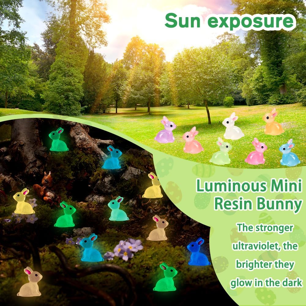 70pcs Easter Luminous Mini Resin Bunny 7 Colors Little Small Glow in The Dark Rabbit Bunny Figures for Dollhouse Micro Fairy Garden Decor Easter Egg Fillers Party Favors Supplies