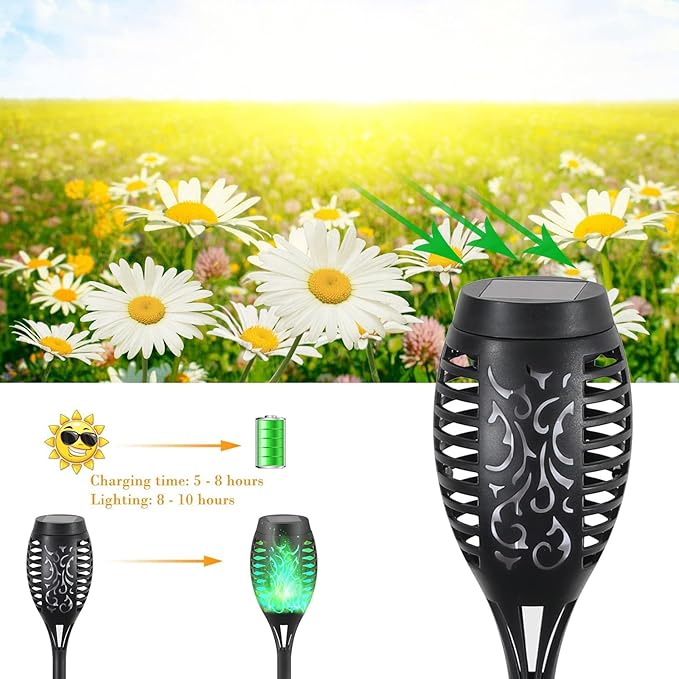 8-Pack Green Solar Flickering Flame Torches – Waterproof Solar Garden Lights, Outdoor Solar Lights for Yards, and Flame Torches for Patio and Pathway Decorations