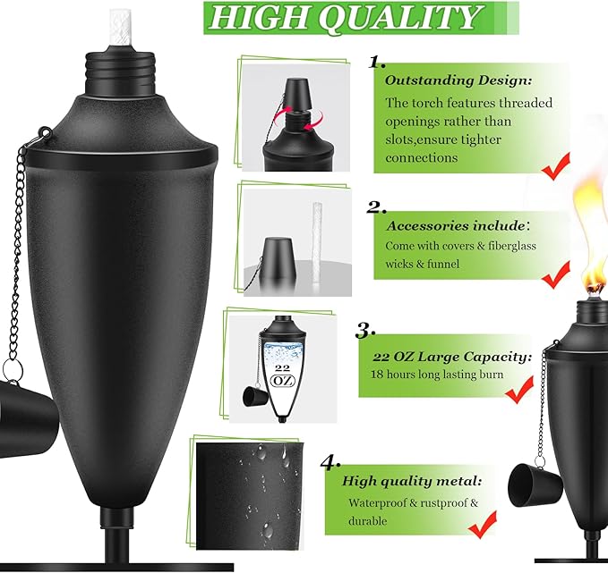 6 Pack Metal Tabletop Torches,22 oz Citronella Torches for Outside, Refillable Outdoor Flame Torch Light, Comes with Wicks and Covers, Ideal for Parties, Landscape, Garden Decor, DIY