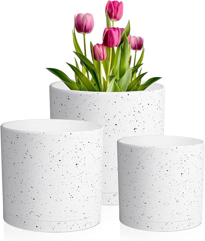 12/10/8 inch Large Plant Pots, 3 Pack Cylinder Deep Flower Pots for Outdoor Indoor Plants, Tall Plastic Planters with Drainage Holes and Saucers for Garden House Plants, Speckled White