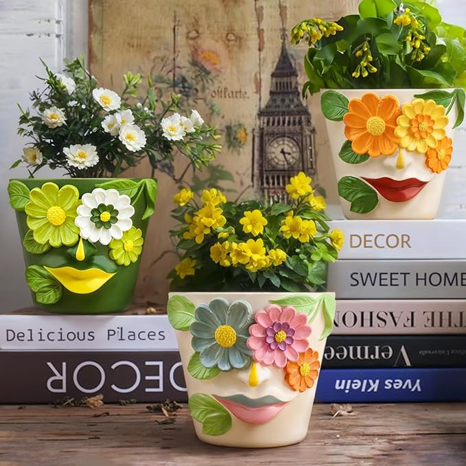 GUGUGO Abstract Face Flower Planters Colorful Unique Rainbow Head Planter with Drainage, Cute Flower Plant pot for Indoor Plants, Eclectic Succulent Gardening Pot for Home Décor (Orange&Yellow, 5Inch)