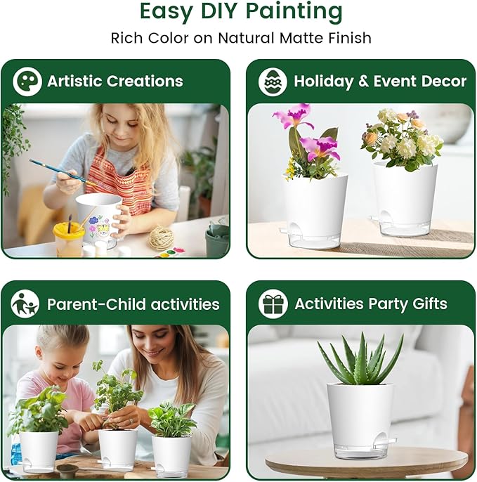 4 inch Self Watering Pots for Indoor Plants, 5 Pack Small Flower Plant Pots with Drainage Holes and Clear Reservoirs, Visible Water Level, Plastic Planters with Wicking Rope, White