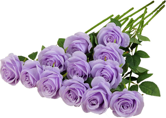 12pcs Light Lavender Roses Artificial Flowers Fake Roses Silk Flowers Roses with Long Stems for Wedding Home Party Centerpieces Decorations