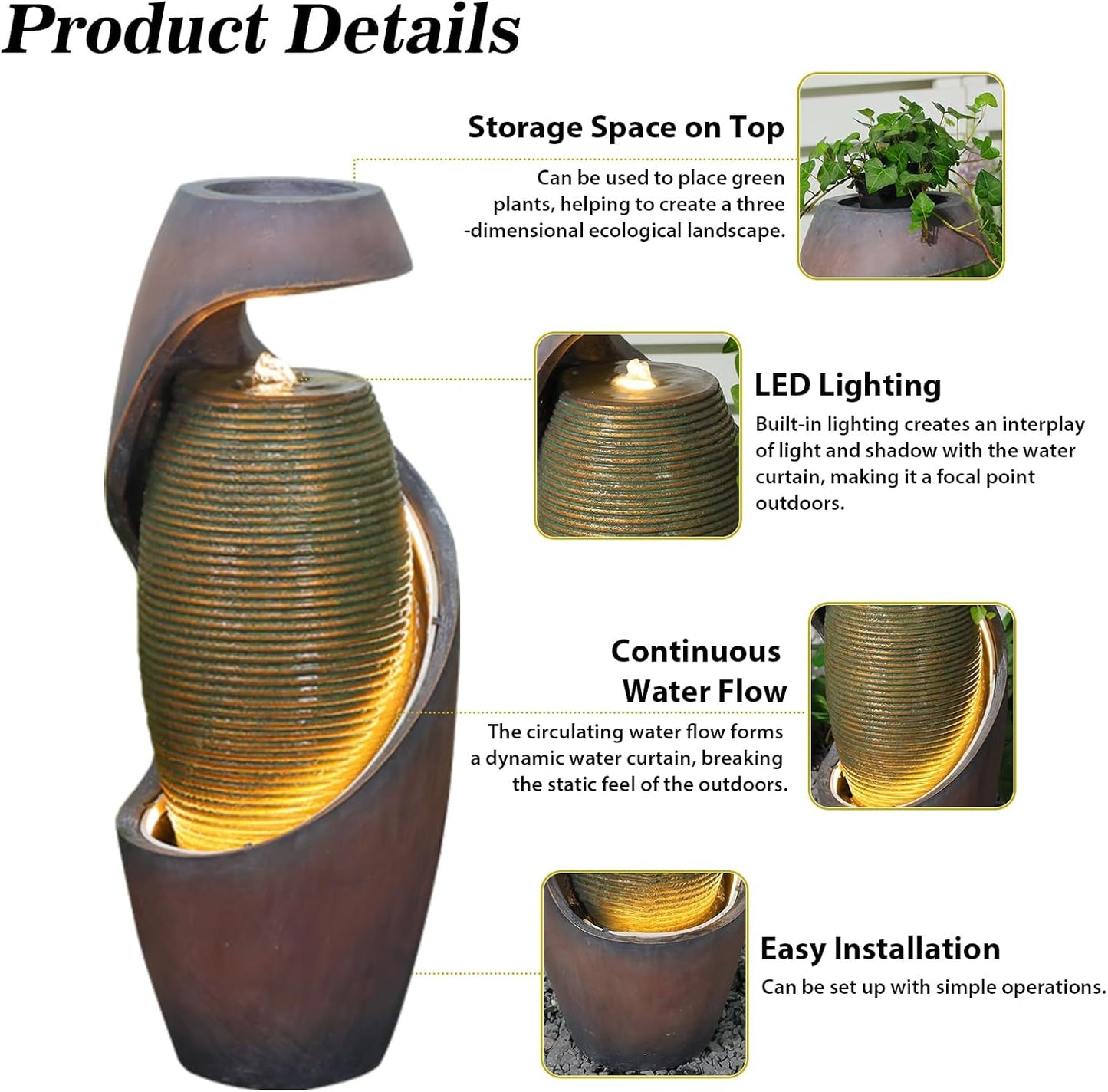 29.5’’H Modern Outdoor Fountain - Curved Spiral Waterfall Indoor/Outdoor with LED Light & Planter Bowl, Resin Garden Fountains for Patio, Yard, Backyard, Porch, Home Art Decor, 11.8" L x 11.8" W