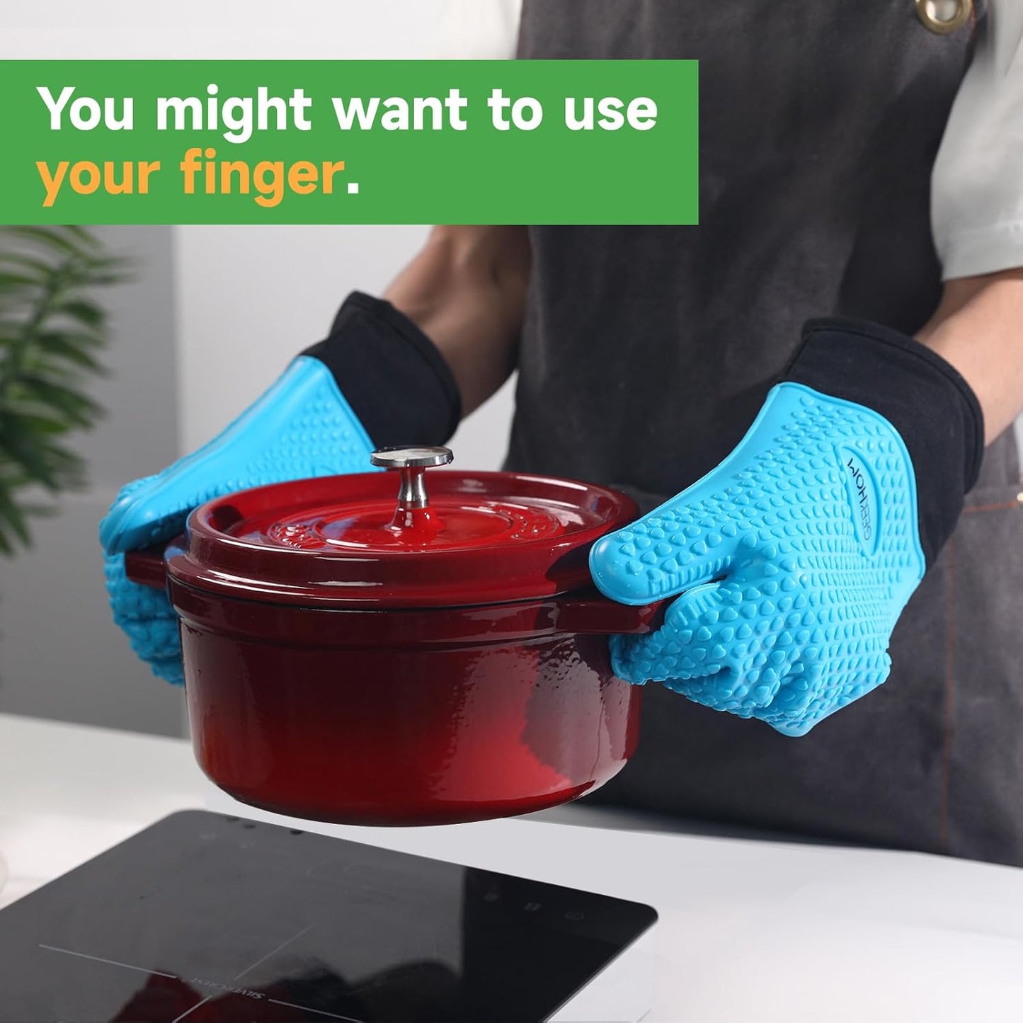 GEEKHOM BBQ Gloves, Grilling Gloves Heat Resistant Oven Gloves, Kitchen Silicone Oven Mitts, Long Waterproof Non-Slip Pot Holder for Barbecue, Cooking, Baking, Aqua Blue