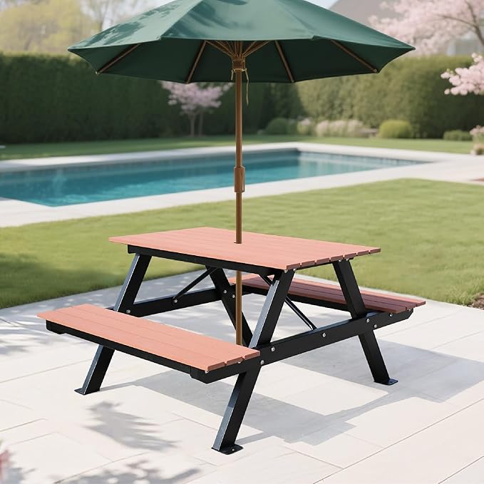 4FT Outdoor Picnic Table and Bench Set with 2" Umbrella Hole, WPC Tabletop Seattop Patio Dining Set for 4 People, Outdoor Dining Table and Chair for Park Garden Yard Patio- Brown