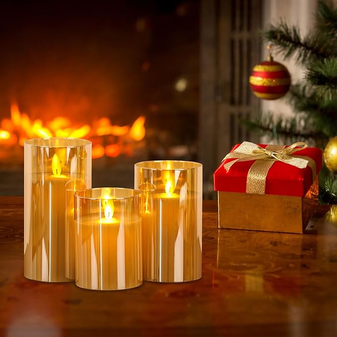 Glass Flickering Flameless Candles with Remote Timer, LED Pillar Candles Battery Operated with 3D Realistic Wick, Real Wax Fake Candles Home Decor for Wedding Festival Party(Gold)