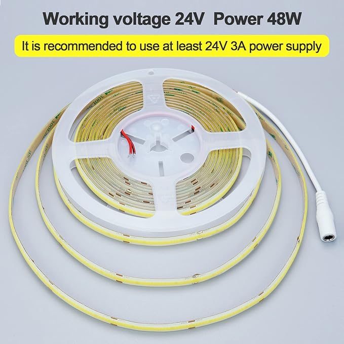 24V COB LED Strip Light Cool White 6000K 5M/16.4ft 2400LEDs Waterproof IP65 Uniform Glow CRI 93+ Flexible LED Tape Lights for DIY Cabinet Bedroom Kitchen Home Decor(No Power Supply)