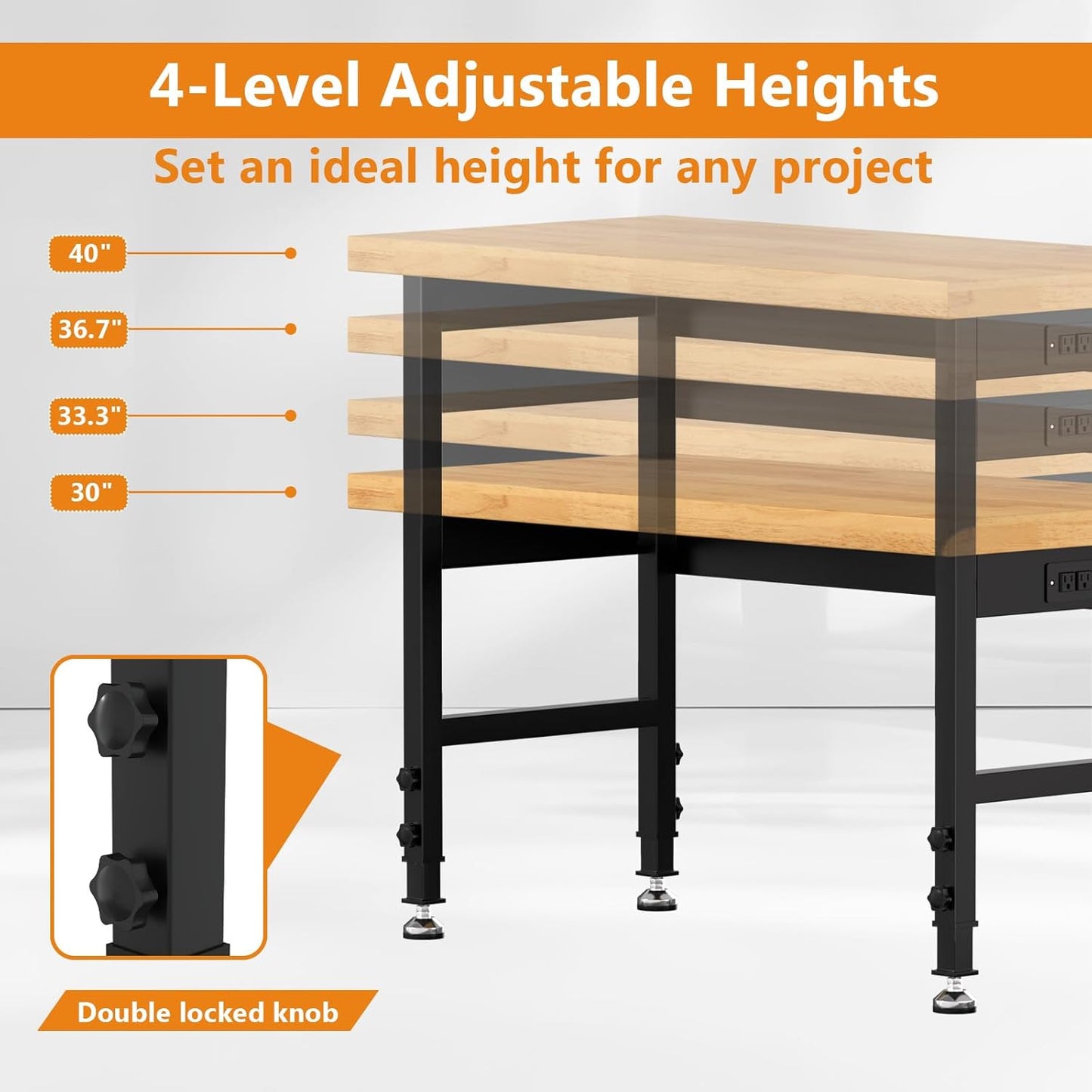 48" Work Bench, Adjustable Height Workbench with Rubber Pad, Heavy-Duty Work Table with Power Outlets, 2000 LBS Capacity Workstation for Garage, Workshop, Office, Home