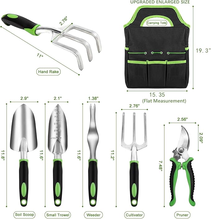 Garden Tool Set with Non Slip Rubber Grip,8 Piece Stainless Steel Gardening Tool Sets,Heavy Duty Outdoor Hand Tools Durable Storage Tote Bag,Uprooting Weeding Tool, Gifts for Women Men Green