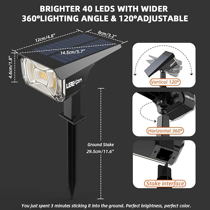 3 Brightness Modes Solar Outdoor Lights, 360 Degree Adjustable Lighting Angle with 40 LED's, Spotlights Outdoor Waterproof Auto On or Off Solar Garden Lights 8 Pack