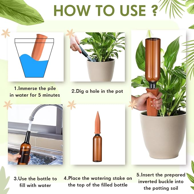 Baderke 16 Pcs 8 Set Plant Watering Devices, Terracotta Watering Spikes with 25 oz Plastic Wine Bottles, Slow Release Vacation Insert Automatic Plant Waterer Device for Indoor Outdoor