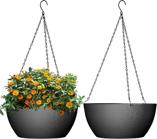 13 inch Large Hanging Planters Plant Pots for Outdoor Indoor Plants with Drainage Holes and Chain, 2 Pack Round Hanging Flower Pots for Garden Home Porch Decor, Black