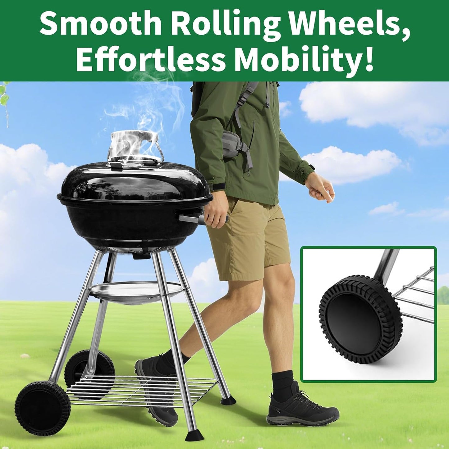 BEAU JARDIN Charcoal Grill 18 Inch for Outdoor Cooking BBQ Barbecue Coal Kettle Bowl Grill Portable Heavy Duty Round with Wheels Grilling for Tailgating Patio Backyard Camping Black BG4691