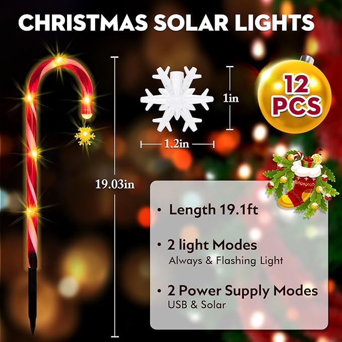 12Pack Christmas Candy Cane Lights Outdoor Decorations Solar Pathway Lights with Snowflake for Yard Waterproof Street Driveway Markers Lawn Walkway Garden Indoor Decor 2in1 Solar Powered