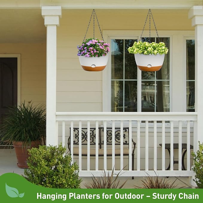 8 Inch Hanging Planters for Indoor & Outdoor Plants (2 Pack) - Self-Watering & Drainage Flower Pots with 2 Kinds of Plant Hangers for Home Decor & Garden (White, 8 in)