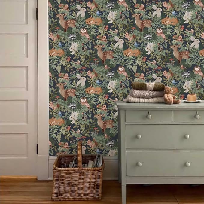 Green Plants Leaf Animal Forest Deer Rabbits Squirrel Owl Peel and Stick Wallpaper Self Adhesive Removable Easy Peel Off Contact Stick on Wall Paper for Bedroom Cabinet Renter Friendly