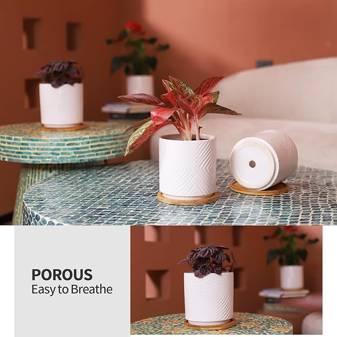 5.25 Inch Ceramic Planter Pot for Indoor Plants with Drainage Holes, Geometry Design White Flower Planter Pots with Bamboo Saucer, for Succulent, Snake Plants, Cactus & Herbs, Set of 4