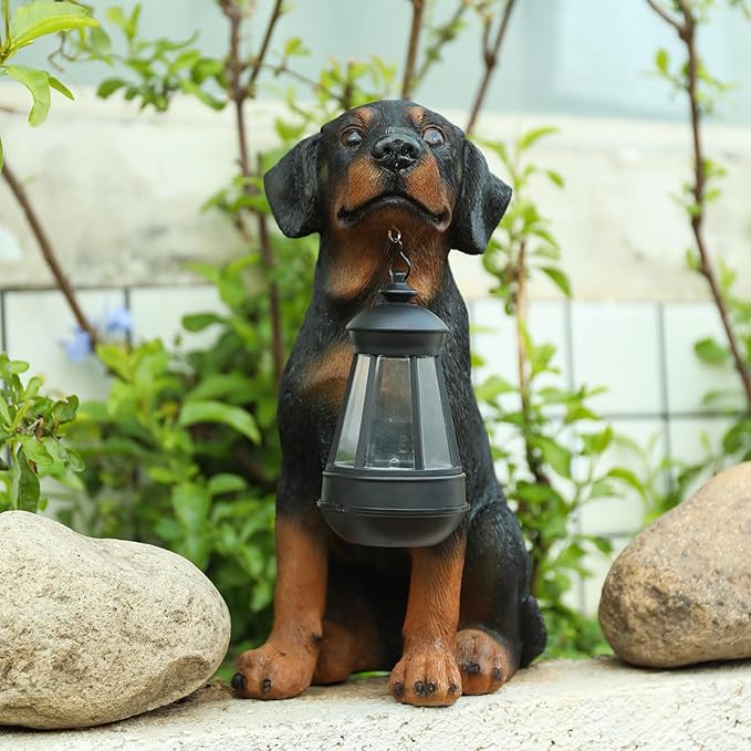 Garden Dog Statues Outdoor Decor, 13" Solar Powered LED Lights Outdoor Statue Garden Decorations Rottweiler Figurine for Patio, Lawn, Yard Art Decoration, Housewarming Garden Gift