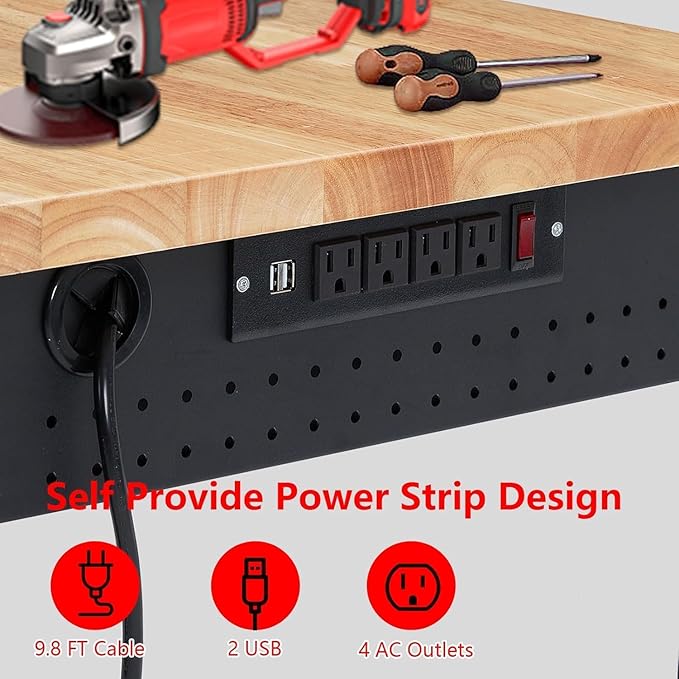 48'' Adjustable Workbench on Wheels, 2000LBS Heavy Duty Worktable with Power Outlets & Drawers & Pegboard, Rubberwood Workstation for Workshop, Garage, Office, Home