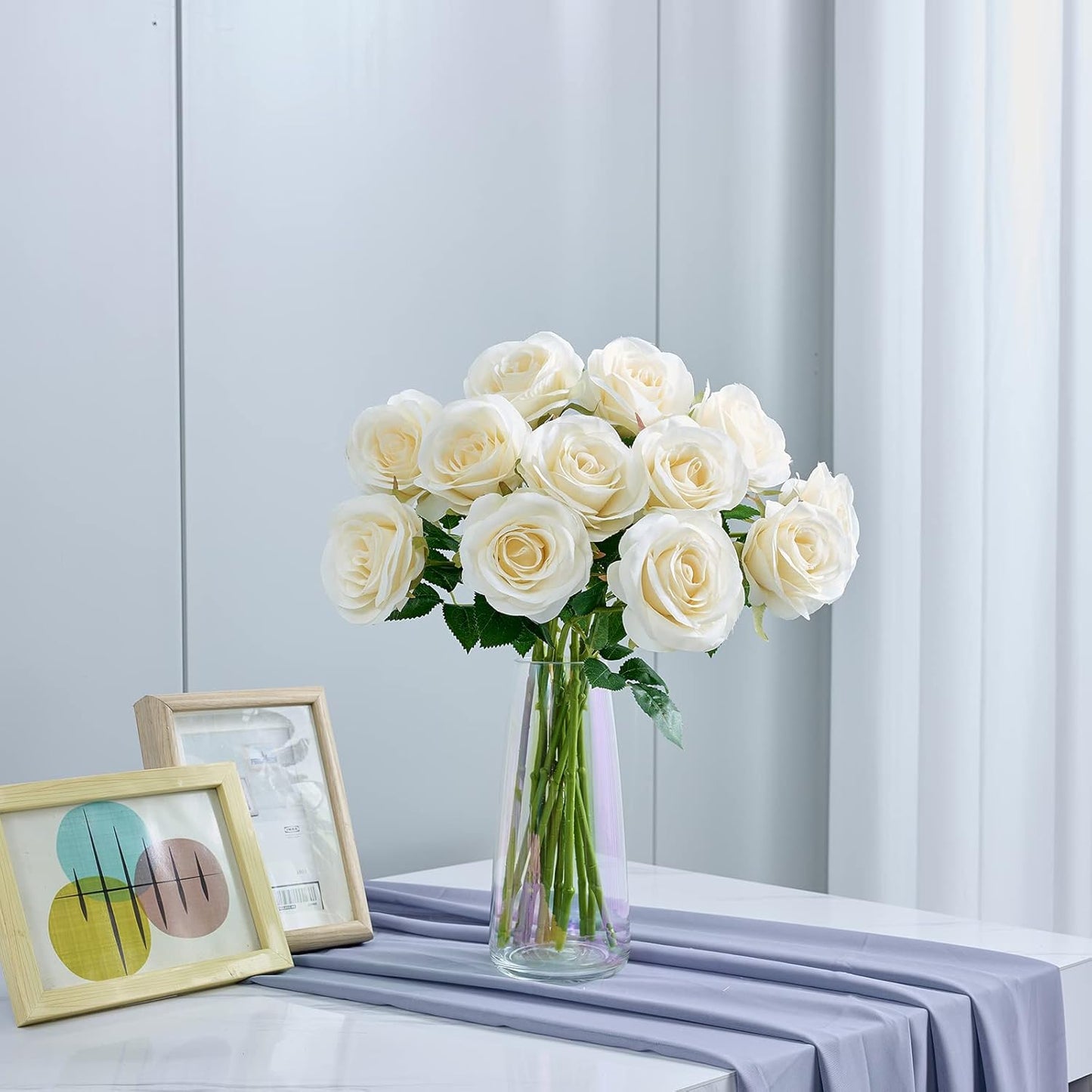12pcs Ivory Roses Artificial Flowers Silk Flowers Fake Roses with Long Stems for Wedding Decor Home Decor Baby Shower Party Centerpieces Decorations