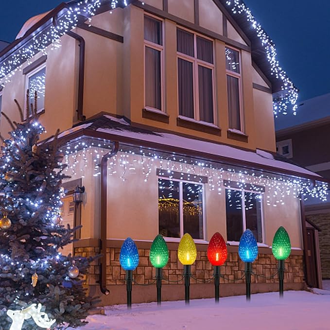 Abeja C9 Christmas Multicolor Pathway Lights, 2 Pack 7Ft Outdoor Pathway Markers Lights with 8 Jumbo C9 LED Multicolor Bulbs, Connectable Christmas Walkway Lights for Driveway Yard Garden Decor