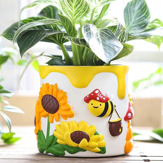 GUGUGO Colorful Bees and Sunflowers Plant Pots, Cute Unique Succulent Planters with Drainage, Rainbow Small Mushrooms Flower Planters Pots for Indoor Plants, Funny Eclectic Home Decor
