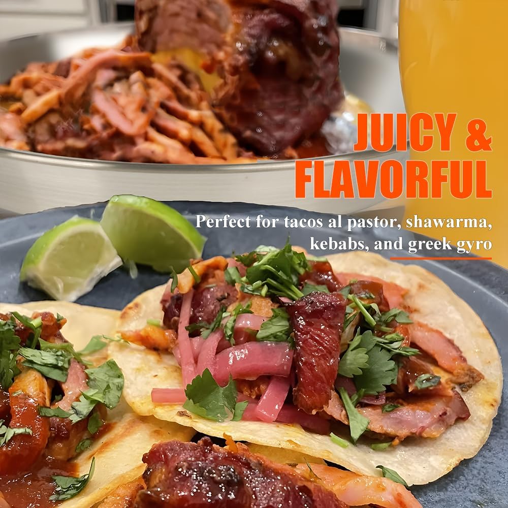 BBQ Vertical Skewer Pan Stainless Steel Gyro Spit Shawarma Stand for oven, Al Pastor Skewer for Grill, El Pastor Hack for Tacos Al Pastor Chicken, Brazilian, with 8",10",12" stick