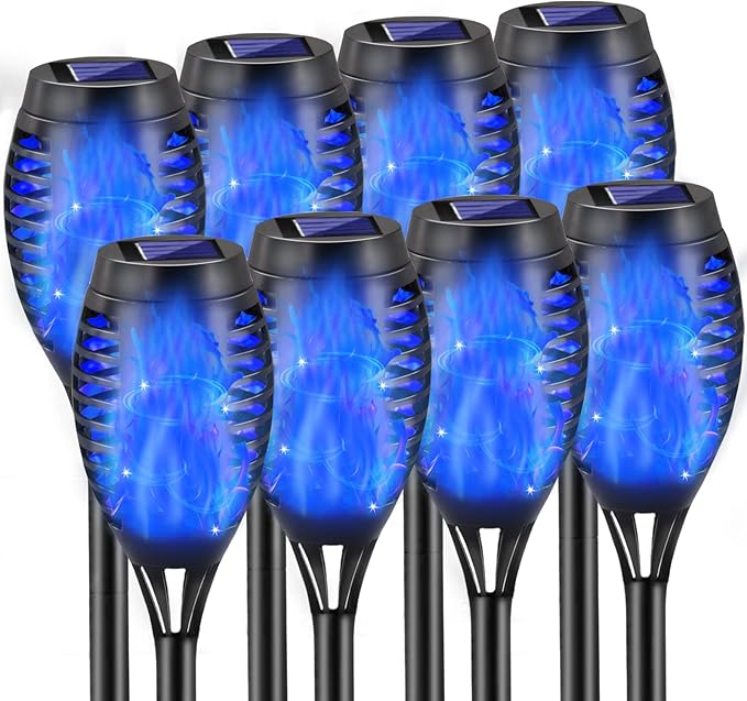 Blue Solar Lights, Halloween Decorations Outdoor 8 Pack Solar Torch Lights with Flickering Flame, 12 LED Mini Tiki Torches Waterproof for Landscape Pathway Dusk to Dawn Auto On/Off