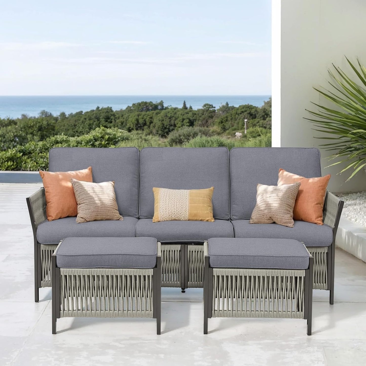 3 Pieces Patio Furniture Set, Outdoor Sectional Wicker Patio Couch with Ottoman & Washable Cushions All-Weather PE Rattan Patio 3-Seating Sofas for Garden, Porch, Backyard - Dark Grey